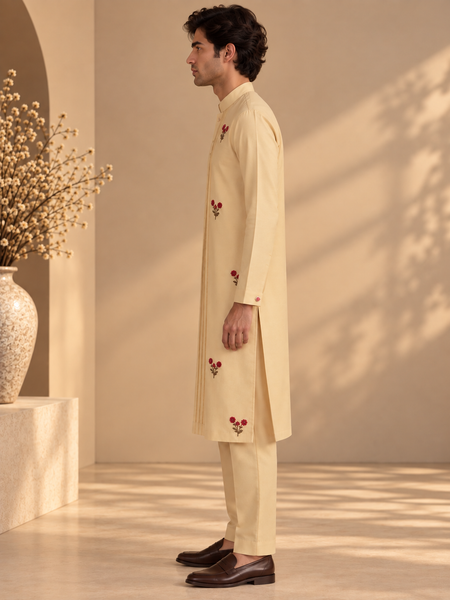 Beige Cotton/Silk Kurta Set (The Sandalwood Blossom) - MMK0679