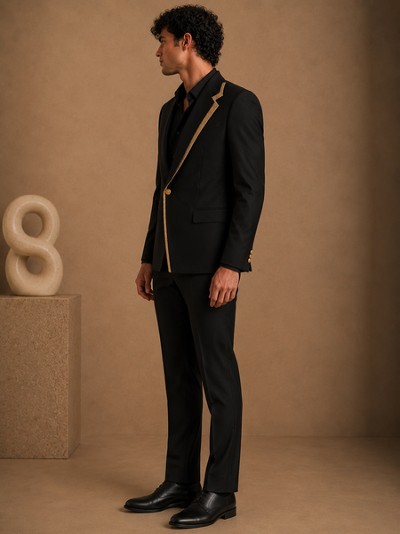 Black & Gold Silk Cotton Blazer (Velvet Coal & Maple-Drizzle Float) - MMJ0176