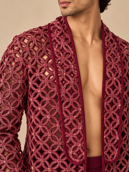 Wine Bemberg Silk Cut-Work Open Blazer (The Royal Garnet) - MMJCUS008