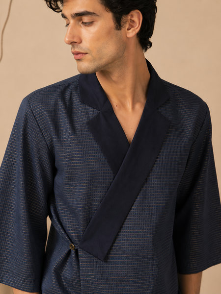 Navy Blue Kota Silk/Cotton Jacket/Coat (The Midnight Kimono) - MMJC001