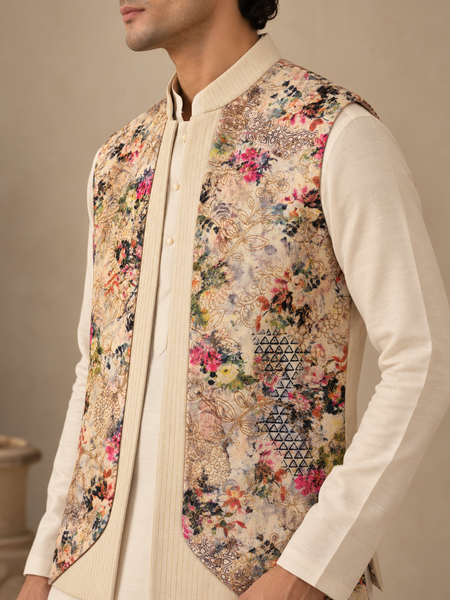 Beige Floral Silk/Cotton/Chanderi Short Open Jacket (The Spring Bloom) - MMSOJ030