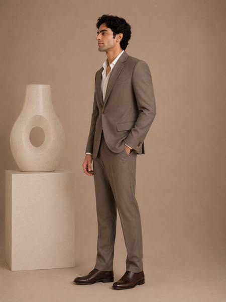 Camel Colour Italian Wool Blazer & Pant Set (Sandstone Baroque Kinetic) - MMJCUS006