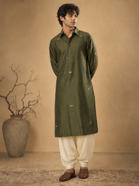 Olive Green Cotton Silk Kurta Set (Forest Gold Dragonfly) - MMKCUS003