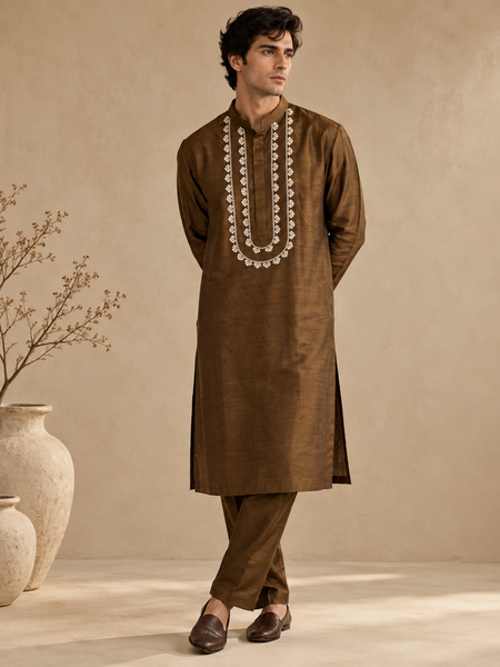 Brown Bemberg Silk Kurta Set (The Smoked Espresso) - MMK0683