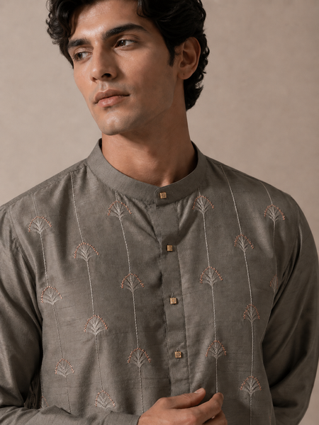 Grey Bemberg Silk Kurta Set (Muted Ganache & Shimmering Chestnut) - MMKCUS001