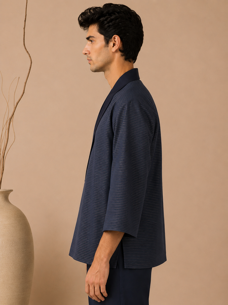 Navy Blue Kota Silk/Cotton Jacket/Coat (The Midnight Kimono) - MMJC001