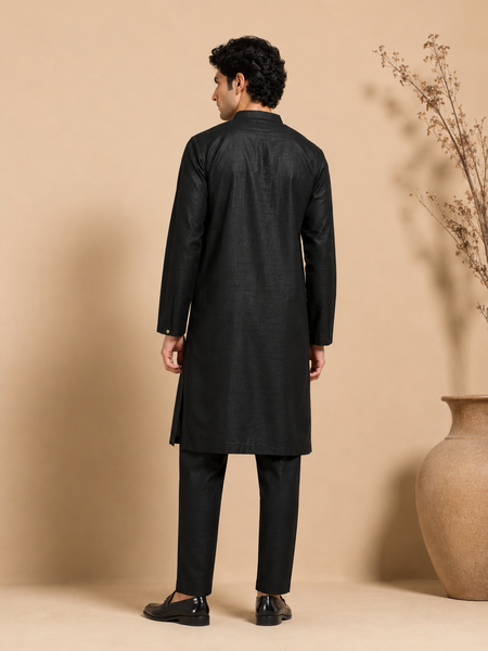Black Bemberg Silk Kurta Set (Velvet Coal & Gold-Leaf Float)- MMK0668