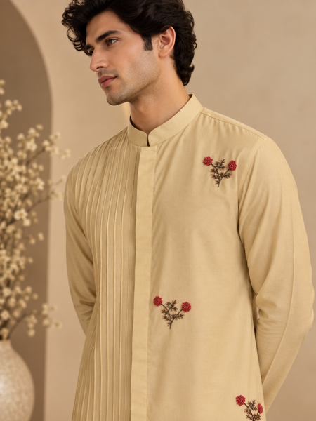 Beige Cotton/Silk Kurta Set (The Sandalwood Blossom) - MMK0679