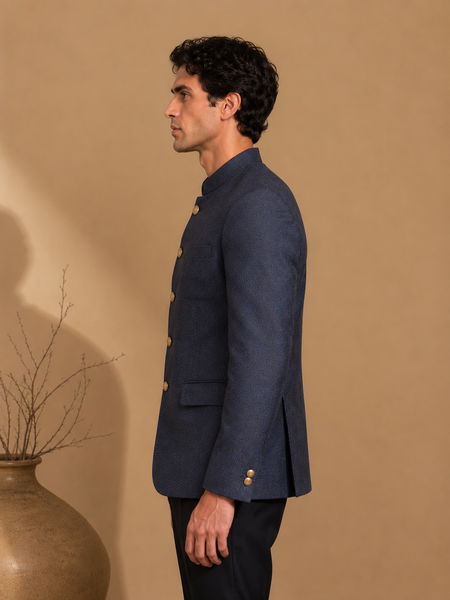Midnight Blue Jacquard Bandhgala (Sapphire Ganache)- MMJCUS002