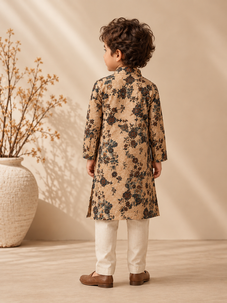 Beige Printed Chanderi kurta Set (The Toasted Cereal Flora) - MMKWCUS012