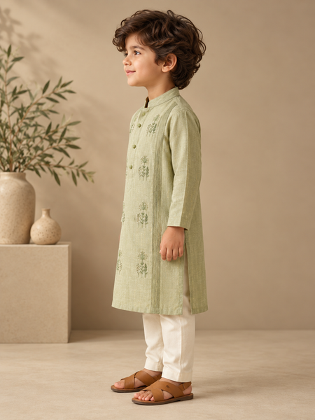Green & Yellow Linen Kurta Set (Matcha & Cream) - MMKWCUS011