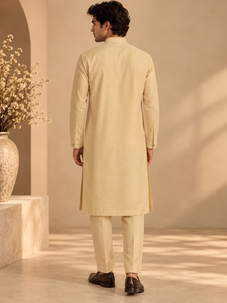 Beige Cotton/Silk Kurta Set (The Sandalwood Blossom) - MMK0679