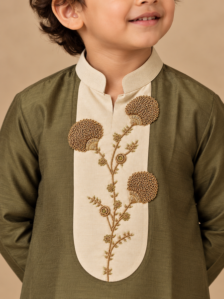 Olive Green & Beige Cotton/Silk Kurta Set (The Little Earthy Olive Crest) - MMKWCUS009