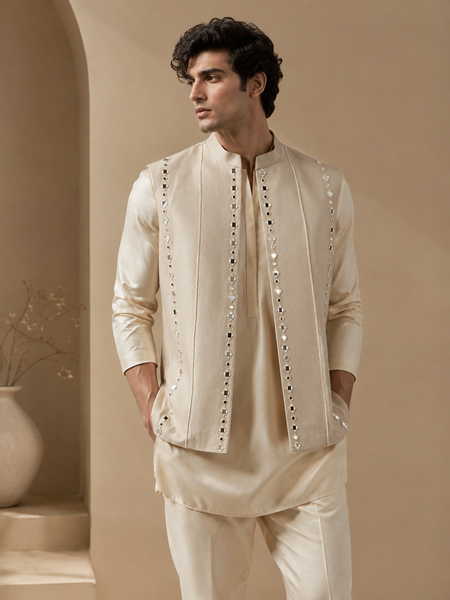 Beige Cotton/Silk Short-Open Jacket (The White Truffle & Champagne) - MMSOJ028