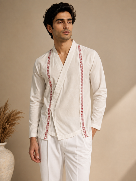 White Malai Cotton Short Kurta (The Ivory Cross-Over) - MMSK076