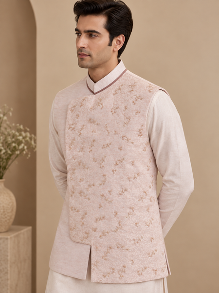 Baby Pink Linen Silk Jacquard Modi Jacket (The Rose Macaron) - MMWC0248