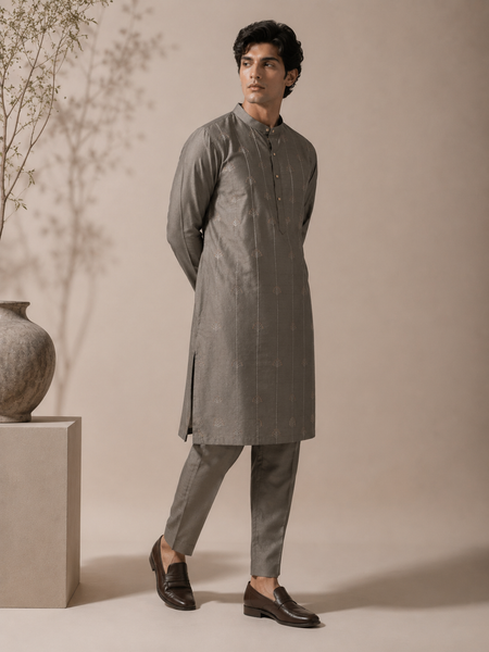 Grey Bemberg Silk Kurta Set (Muted Ganache & Shimmering Chestnut) - MMKCUS001