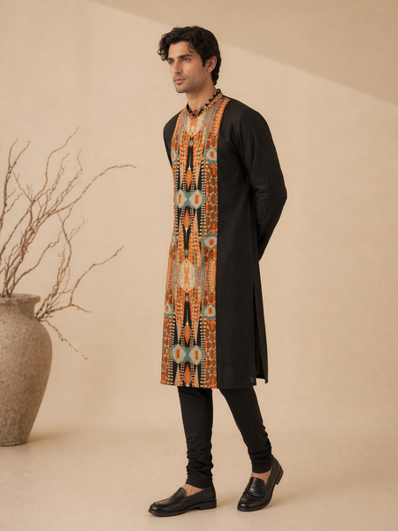 Black Bemberg Silk/Muslin Kurta Set (Burnt Toffee Shadow Float) - MMK0658
