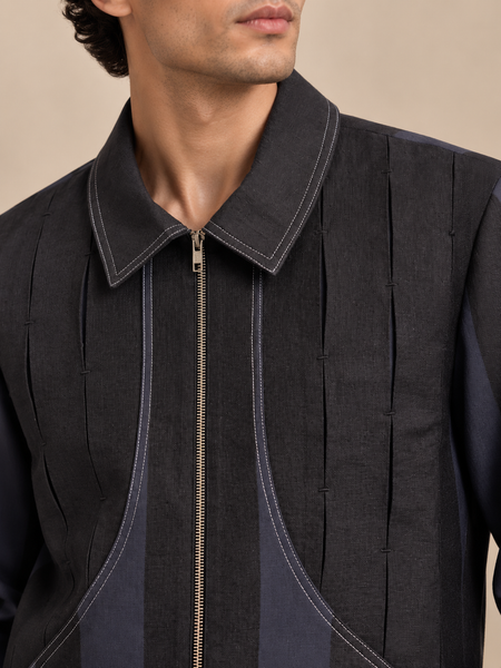 Black & Blue Linen Bomber Jacket (Midnight Navy Slash) - MMBJ055