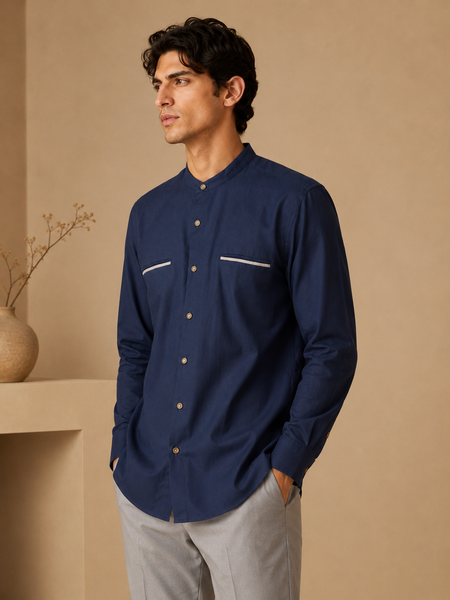 Blue & Grey Malai Cotton Shirt (Atlantic Sea-Salt & Truffle Float) - MM0931