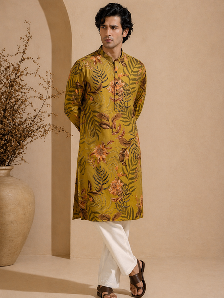 Mustard Cotton Printed Kurta Set (Spiced Turmeric Sovereign) - MMK0656