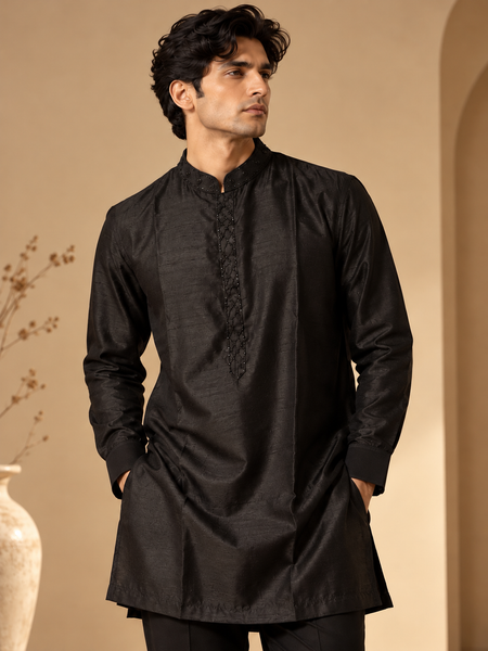 Black Bemberg Silk Short Kurta (The Jet Noir) - MMSKCUS001