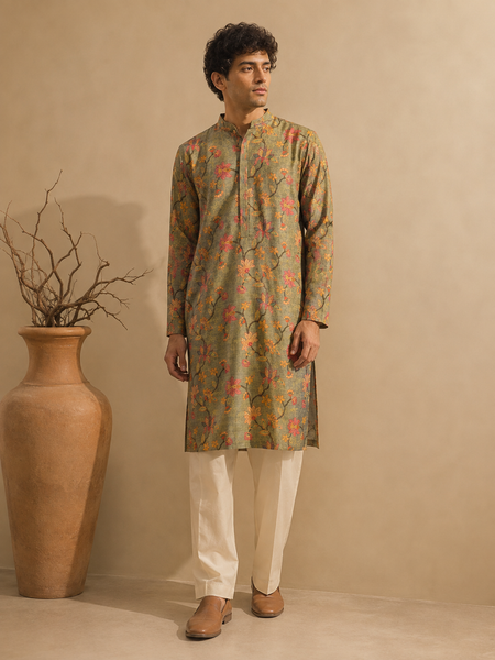 Sage Green Chanderi Printed Kurta (The Verdant Blossom) - MMKCUS004