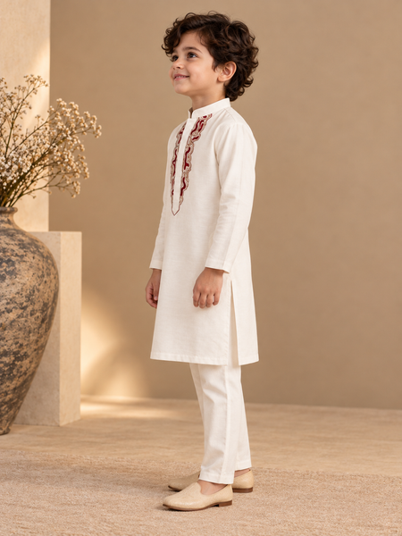 Ivory Bemberg silk Kurta Set (Cream & Spiced Cherry) - MMKWCUS007