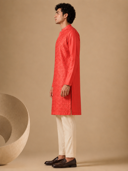 Coral Red Chanderi Red Kurta Set (The Coral Meridian) - MMKCUS002