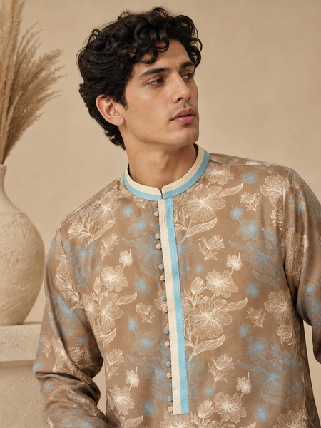 Brown & Blue PrintedMuslin Kurta Set (Monochrome Pulse Duo) - MMK0660