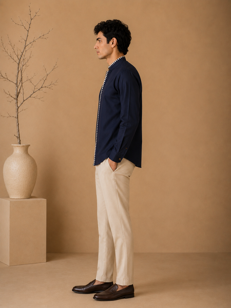 Navy Blue Malai Cotton Shirt (The Linear Midnight) - MM0934