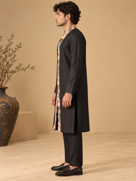 Black Bemberg Silk Kurta Set (The Midnight Geometry) - MMK0685