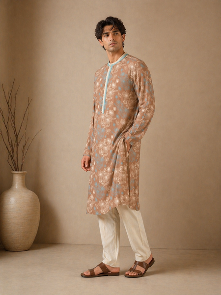 Brown & Blue PrintedMuslin Kurta Set (Monochrome Pulse Duo) - MMK0660