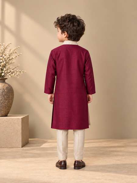 Wine, Pink & Silver Grey Bemberg Silk Kurta Set (The Little Prism) - MMKWCUS008