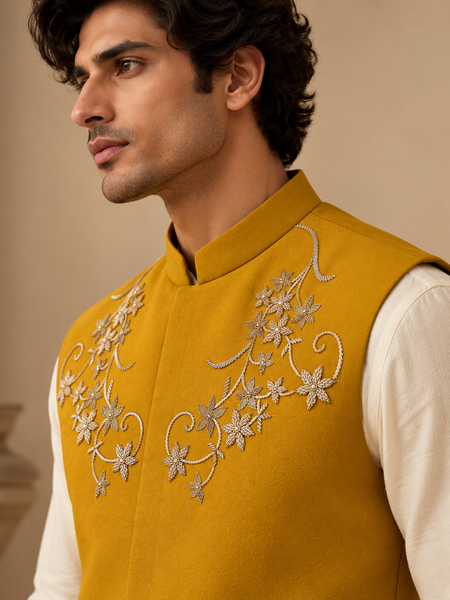 Mustard Yellow Cotton/Silk Modi Jacket (The Golden Turmeric) - MMWC0251