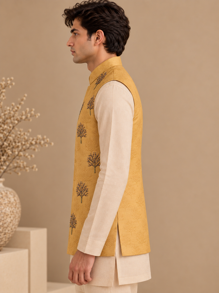Mustard Yellow Silk Jacquard Modi Jacket (The Sunlit Forest) - MMWC0249
