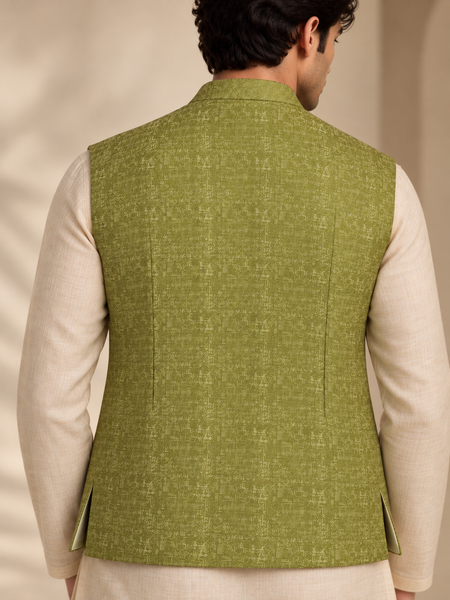 Lime Moss Green Silk/Jacquard Short Open Jacket (The Sweet Lime) - MMSOJ029