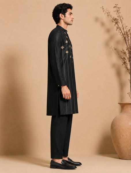 Black Bemberg Silk Kurta Set (Velvet Coal & Gold-Leaf Float)- MMK0668