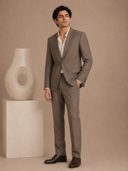 Camel Colour Italian Wool Blazer & Pant Set (Sandstone Baroque Kinetic) - MMJCUS006