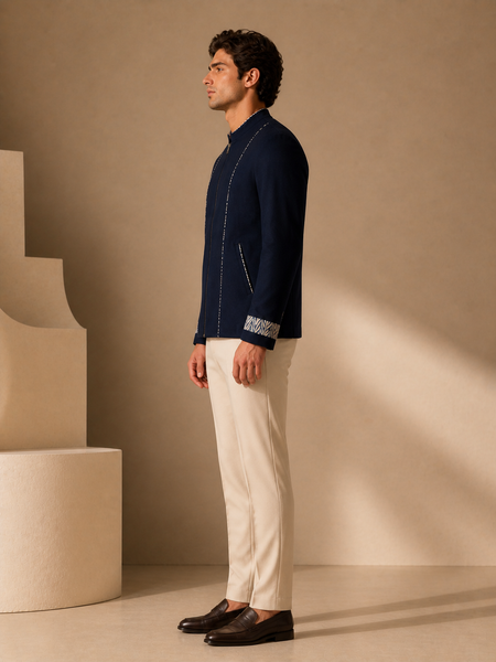 Blue Malai Cotton Bomber Jacket (Iced Navy Meridian) - MMBJ050