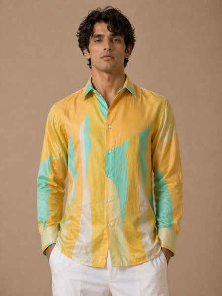 Yellow & Blue Muslin Printed Shirt (Teal Nectar Meridian)- MM0927
