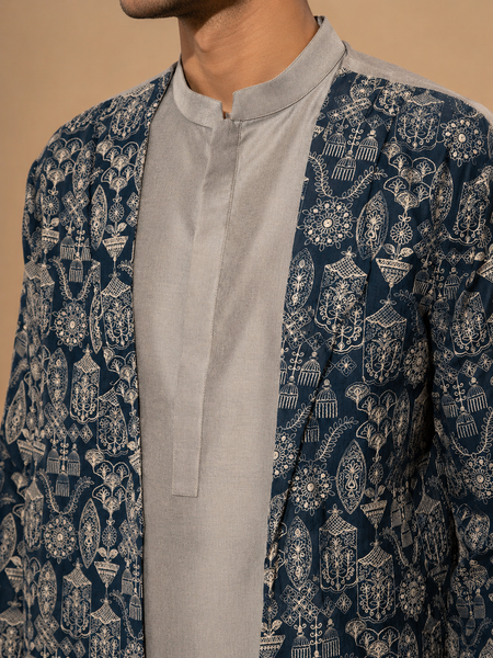 Grey & Blue Silk/Chanderi EMB (The Azure Moti) - MMK0675