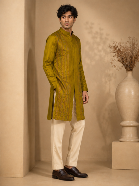 Mustard Yellow RT Fiona Kurta Set (Olive Gold Lattice) - MMK0673