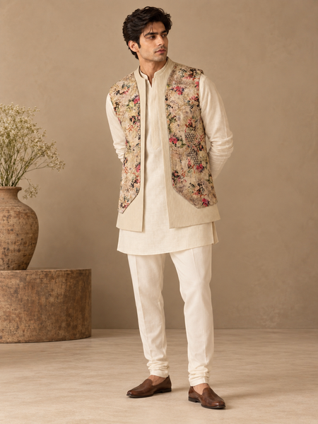 Beige Floral Silk/Cotton/Chanderi Short Open Jacket (The Spring Bloom) - MMSOJ030