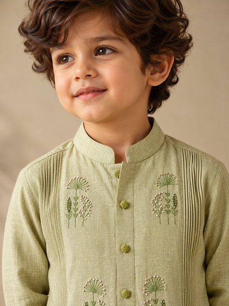 Green & Yellow Linen Kurta Set (Matcha & Cream) - MMKWCUS011