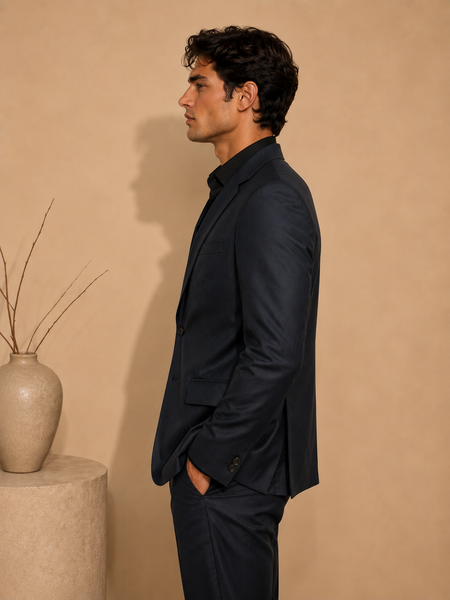 Midnight Blue Italian Wool Blazer (Deep Indigo Cacao & Brass Float) - MMJCUS003