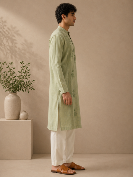 Green & Yellow 100% Linen Kurta Set (The Matcha & Wild Meadow) - MMK0678
