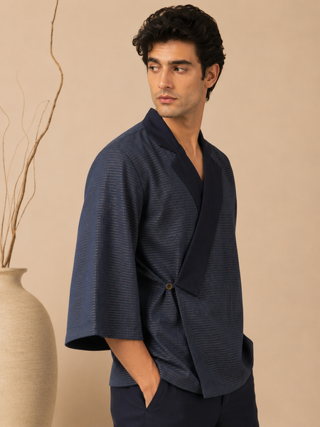 Navy Blue Kota Silk/Cotton Jacket/Coat (The Midnight Kimono) - MMJC001
