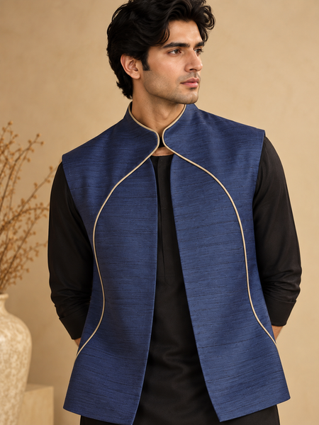 Royal Blue Bemberg Silk Short Open Jacket(The Blue Lotus) - MMSOJ031