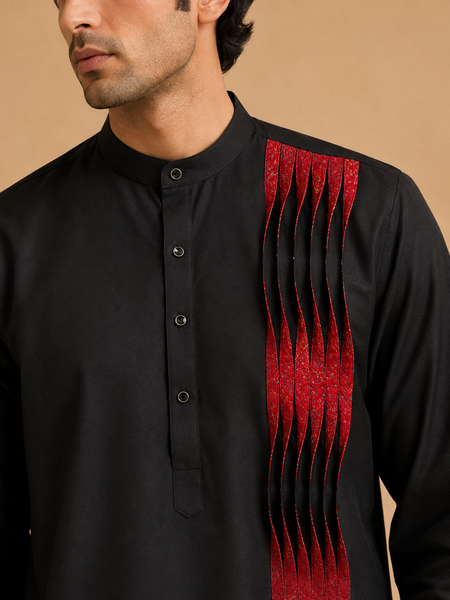 Black & Red Silk Cotton Kurta Set (The Caviar & Crimson) - MMK0676